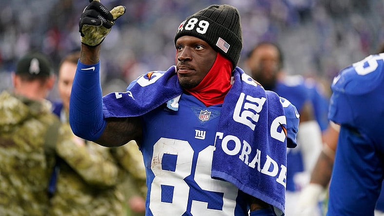 New York Giants wide receiver Kadarius Toney (89) points to the crowd after the Giants' 23-16 win over the Las Vegas Raiders at MetLife Stadium on Sunday, Nov. 7, 2021, in East Rutherford.

Nyg Vs Lvr