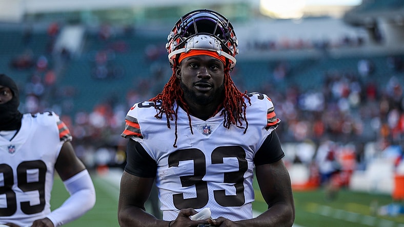Nov 7, 2021; Cincinnati, Ohio, USA; Cleveland Browns safety Ronnie Harrison (33) walks off the field after the game against the Cincinnati Bengals at Paul Brown Stadium. Mandatory Credit: Katie Stratman-USA TODAY Sports
