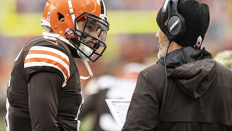 Nov 21, 2021; Cleveland, Ohio, USA; Cleveland Browns quarterback Baker Mayfield (6) talks with head coach Kevin Stefanski during the first quarter against the Detroit Lions at FirstEnergy Stadium. Mandatory Credit: Scott Galvin-USA TODAY Sports