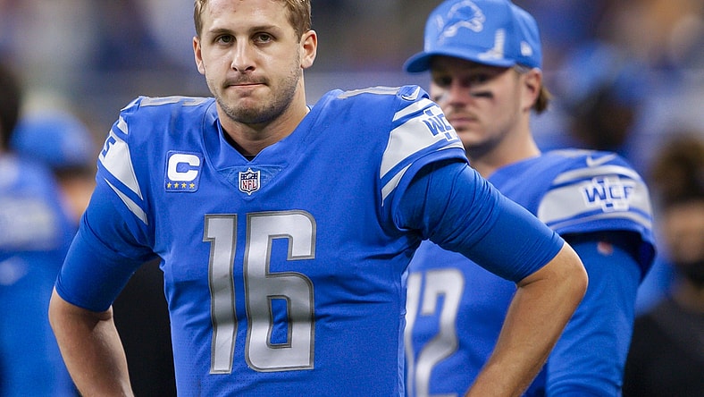 Dec 19, 2021; Detroit, Michigan, USA; Detroit Lions quarterback Jared Goff (16) looks on from the sidelines during the fourth quarter against the Arizona Cardinals at Ford Field. Mandatory Credit: Raj Mehta-USA TODAY Sports
