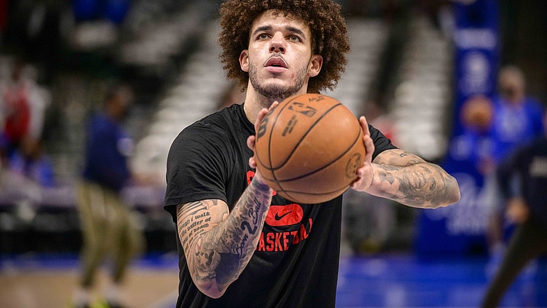 Jan 9, 2022; Dallas, Texas, USA; Chicago Bulls guard Lonzo Ball (2) warms up before the game against the Dallas Mavericks at the American Airlines Center. Mandatory Credit: Jerome Miron-USA TODAY Sports