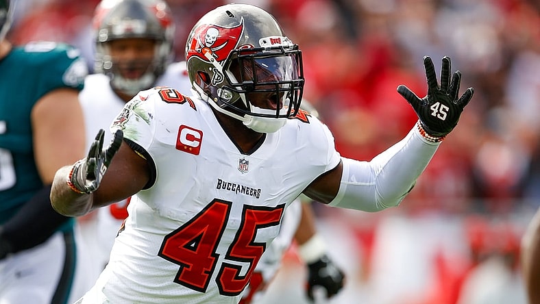 Jan 16, 2022; Tampa, Florida, USA; Tampa Bay Buccaneers inside linebacker Devin White (45) reacts to a platy in the first half against the Philadelphia Eagles in a NFC Wild Card playoff football game at Raymond James Stadium. Mandatory Credit: Nathan Ray Seebeck-USA TODAY Sports
