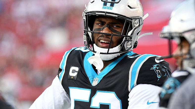 Jan 9, 2022; Tampa, Florida, USA; Carolina Panthers defensive end Brian Burns (53) in the first half against the Tampa Bay Buccaneers at Raymond James Stadium. Mandatory Credit: Jonathan Dyer-USA TODAY Sports