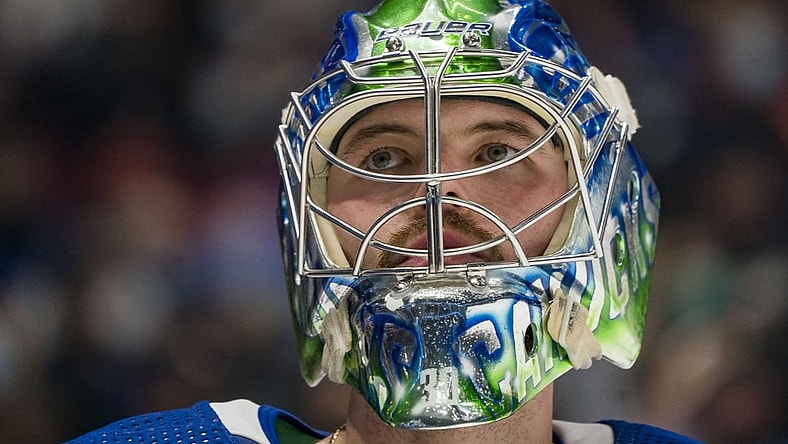 Jan 21, 2022; Vancouver, British Columbia, CAN; Vacnouver Canucks goalie Spencer Martin (30) in action against the Florida Panthers in the second period at Rogers Arena. Mandatory Credit: Bob Frid-USA TODAY Sports
