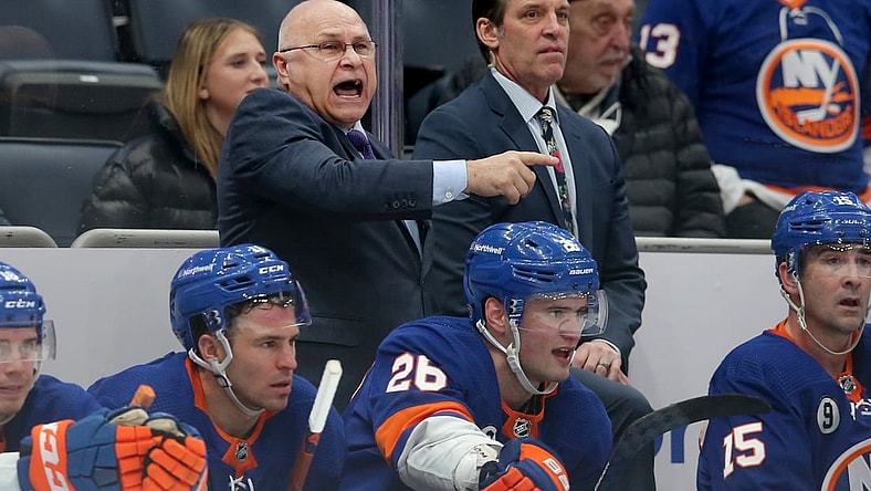 Jan 27, 2022; Elmont, New York, USA; New York Islanders head coach Barry Trotz coaches his team against the Los Angeles Kings during the third period at UBS Arena. Mandatory Credit: Brad Penner-USA TODAY Sports