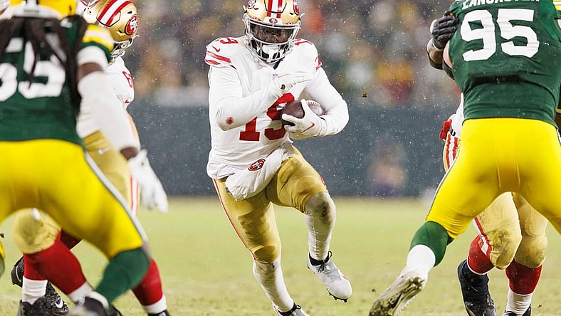 Jan 22, 2022; Green Bay, Wisconsin, USA; San Francisco 49ers wide receiver Deebo Samuel (19) during a NFC Divisional playoff football game against the Green Bay Packers at Lambeau Field. Mandatory Credit: Jeff Hanisch-USA TODAY Sports