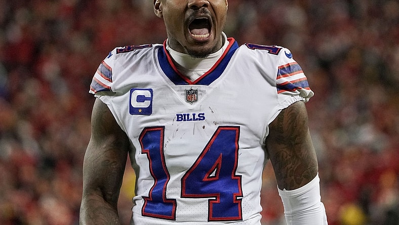 Jan 23, 2022; Kansas City, Missouri, USA; Buffalo Bills wide receiver Stefon Diggs (14) reacts to a call against the Kansas City Chiefs during an AFC Divisional playoff football game at GEHA Field at Arrowhead Stadium. Mandatory Credit: Denny Medley-USA TODAY Sports
