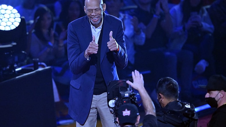 Feb 20, 2022; Cleveland, Ohio, USA; Kareem Abdul-Jabbar is honored during halftime during the 2022 NBA All-Star Game at Rocket Mortgage FieldHouse. Mandatory Credit: David Richard-USA TODAY Sports