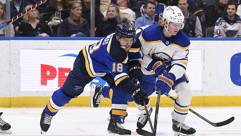 Feb 25, 2022; St. Louis, Missouri, USA; St. Louis Blues center Robert Thomas (18) battles Buffalo Sabres defenseman Rasmus Dahlin (26) during the third period at Enterprise Center. Mandatory Credit: Jeff Le-USA TODAY Sports