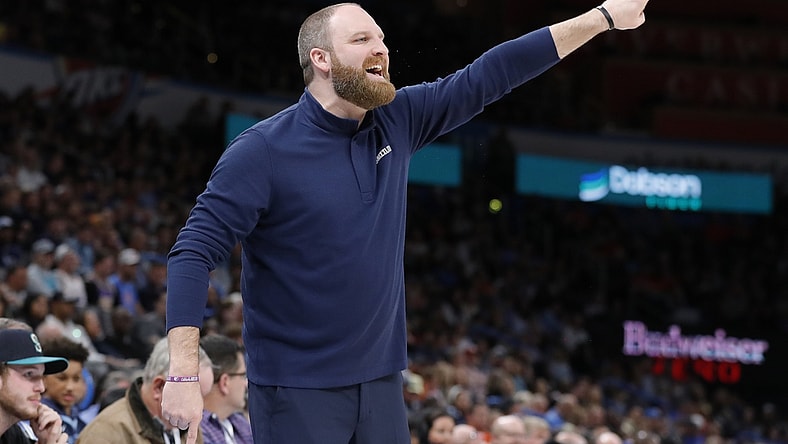 Mar 13, 2022; Oklahoma City, Oklahoma, USA; Memphis Grizzlies head coach Taylor Jenkins directs his team on a play against the Oklahoma City Thunder during the second half at Paycom Center. Memphis won 125-118. Mandatory Credit: Alonzo Adams-USA TODAY Sports