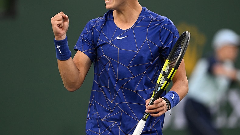Mar 13, 2022; Indian Wells, CA, USA;  Holger Rune (DEN)  celebrates after winning a point against Matteo Berrettini (ITA) during his third round match at the BNP Paribas Open at the Indian Wells Tennis Garden. Mandatory Credit: Jayne Kamin-Oncea-USA TODAY Sports
