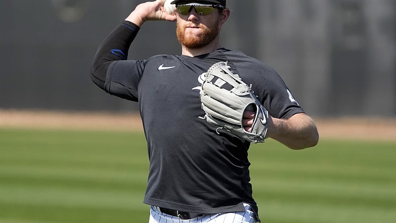 Mar 16, 2022; Glendale, AZ, USA; Chicago White Sox relief pitcher Craig Kimbrel (46) warms up during spring training camp at Camelback Ranch. Mandatory Credit: Rick Scuteri-USA TODAY Sports
