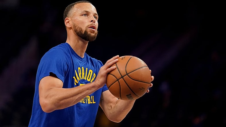 Mar 16, 2022; San Francisco, California, USA; Golden State Warriors guard Stephen Curry (30) warms up before the start of the game against the Boston Celtics at the Chase Center. Mandatory Credit: Cary Edmondson-USA TODAY Sports
