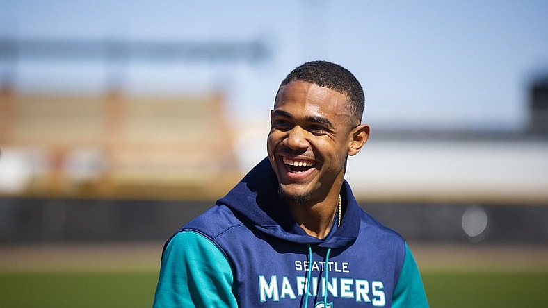 Mar 17, 2022; Peoria, AZ, USA; Seattle Mariners outfielder Julio Rodriguez during spring training workouts at Peoria Sports Complex. Mandatory Credit: Mark J. Rebilas-USA TODAY Sports