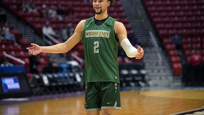 Mar 17, 2022; San Diego, CA, USA; Wright State Raiders guard Tanner Holden (2) gestures during practice before the first round of the 2022 NCAA Tournament at Viejas Arena. Mandatory Credit: Orlando Ramirez-USA TODAY Sports
