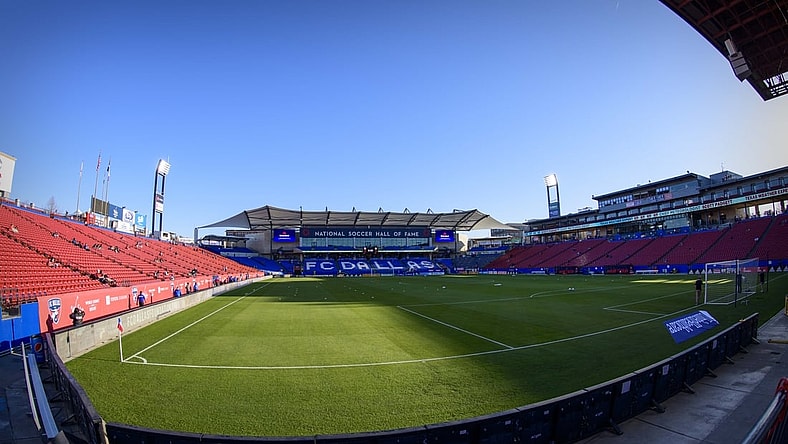 Mar 19, 2022; Frisco, Texas, USA; A view of the field and the stadium and the stands and the National Soccer Hall of Fame before the game between FC Dallas and the Portland Timbers at Toyota Stadium. Mandatory Credit: Jerome Miron-USA TODAY Sports