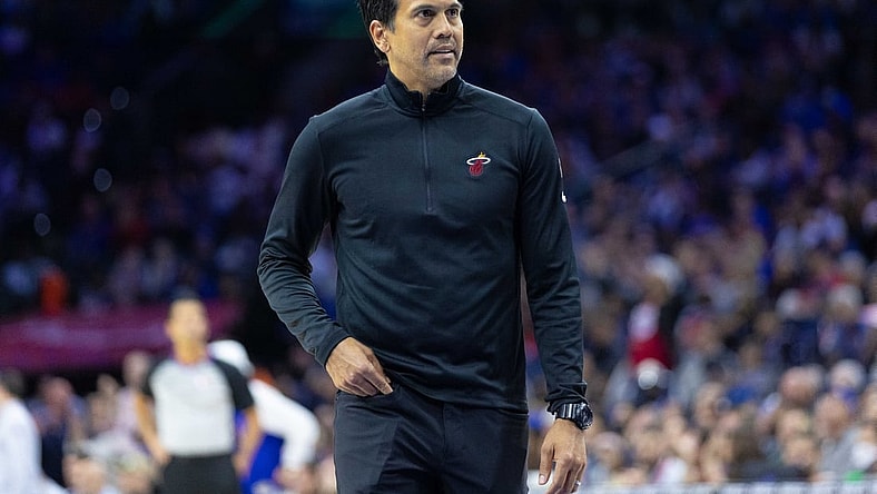 Mar 21, 2022; Philadelphia, Pennsylvania, USA; Miami Heat head coach Erik Spoelstra looks on during the second quarter against the Philadelphia 76ers at Wells Fargo Center. Mandatory Credit: Bill Streicher-USA TODAY Sports
