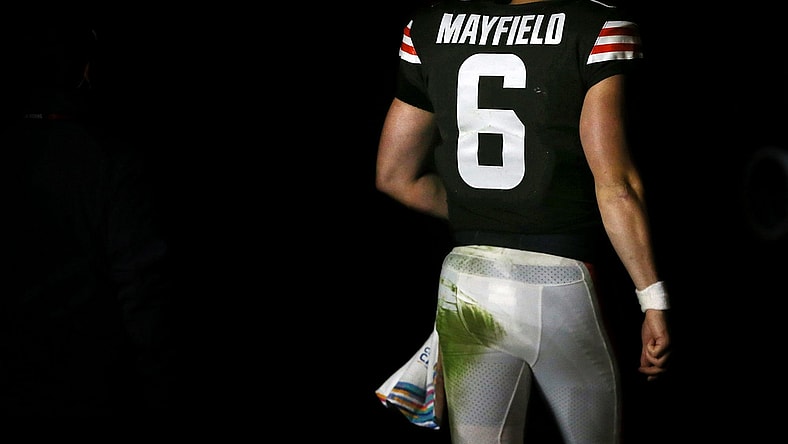 Cleveland Browns quarterback Baker Mayfield heads to the locker room following a 37-14 loss against the Arizona Cardinals at FirstEnergy Stadium, Sunday, Oct. 17, 2021, in Cleveland, Ohio. Baker's streak of 53 consecutive starts will come to an end on Thursday as Case Keenum has been named the starter for the Browns' matchup against the Denver Broncos.

Bakertunnel