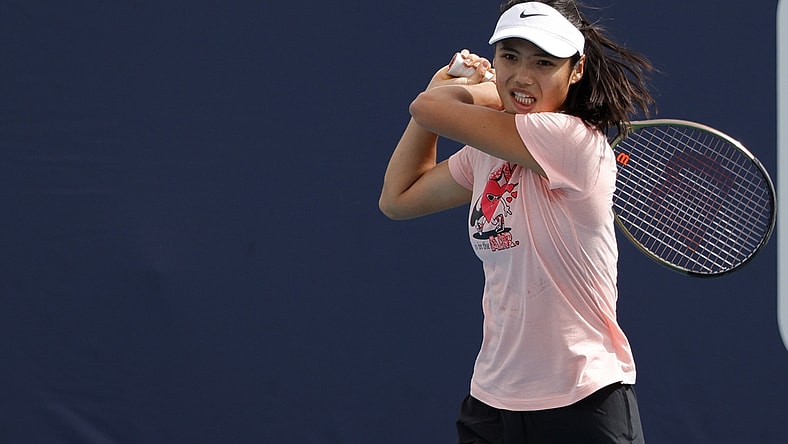 Mar 22, 2022; Miami Gardens, FL, USA; Emma Raducanu of Great Britain hits a backhand during a practice session in the Miami Open at Hard Rock Stadium. Mandatory Credit: Geoff Burke-USA TODAY Sports