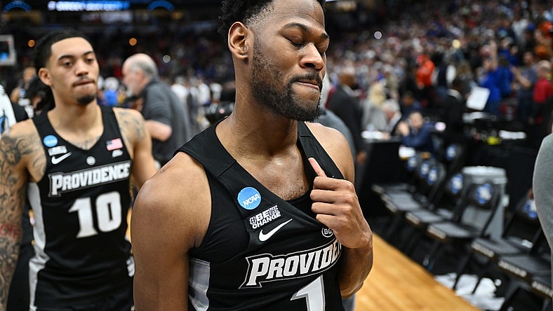 Mar 25, 2022; Chicago, IL, USA; Providence Friars guard Al Durham (1) leaves the floor after the Friars lost 66-61 to the Kansas Jayhawks in the semifinals of the Midwest regional of the men's college basketball NCAA Tournament at United Center. Mandatory Credit: Jamie Sabau-USA TODAY Sports