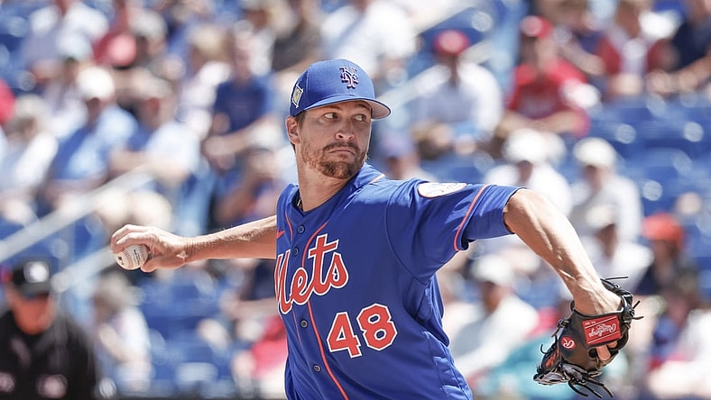 Mar 27, 2022; Port St. Lucie, Florida, USA; New York Mets starting pitcher Jacob deGrom (48) throws a pitch in the first inning during spring training against the St. Louis Cardinals at Clover Park. Mandatory Credit: Reinhold Matay-USA TODAY Sports
