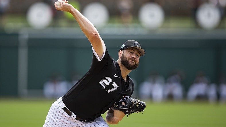 Mar 28, 2022; Phoenix, Arizona, USA; Chicago White Sox pitcher Lucas Giolito against the San Diego Padres during a spring training game at Camelback Ranch-Glendale. Mandatory Credit: Mark J. Rebilas-USA TODAY Sports