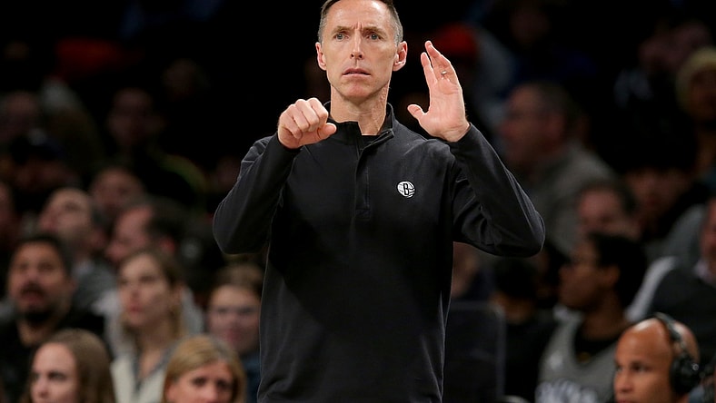 Mar 29, 2022; Brooklyn, New York, USA; Brooklyn Nets head coach Steve Nash coaches against the Detroit Pistons during the first quarter at Barclays Center. Mandatory Credit: Brad Penner-USA TODAY Sports