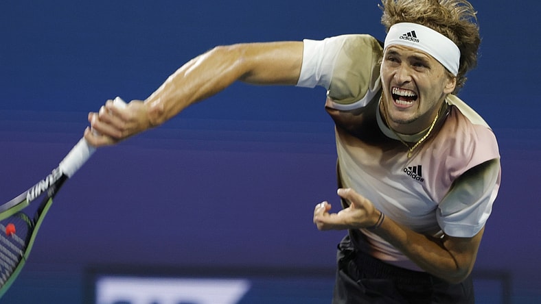 Mar 30, 2022; Miami Gardens, FL, USA; Alexander Zverev (GER) serves against Casper Ruud (NOR)(not pictured) in a men's singles quarterfinal match in the Miami Open at Hard Rock Stadium. Mandatory Credit: Geoff Burke-USA TODAY Sports