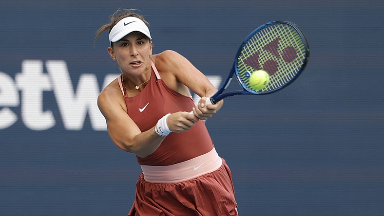 Mar 31, 2022; Miami Gardens, FL, USA; Belinda Bencic (SUI) hits a backhand against Naomi Osaka (JPN)(not pictured) in a women's singles semifinal in the Miami Open at Hard Rock Stadium. Mandatory Credit: Geoff Burke-USA TODAY Sports
