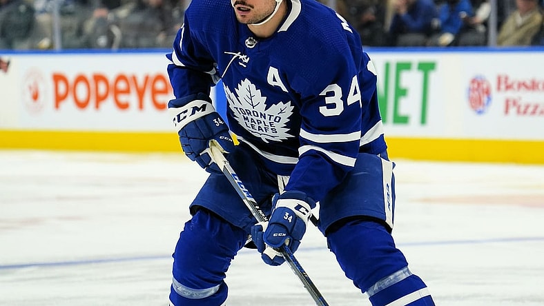 Mar 27, 2022; Toronto, Ontario, CAN; Toronto Maple Leafs forward Auston Matthews (34) looks for a pass against the Florida Panthers at Scotiabank Arena. Mandatory Credit: John E. Sokolowski-USA TODAY Sports