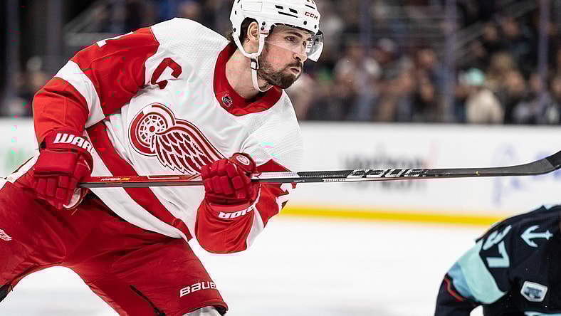 Mar 19, 2022; Seattle, Washington, USA; Detroit Red Wings forward Dylan Larkin (71) is pictured during a game against the Seattle Kraken at Climate Pledge Arena. Mandatory Credit: Stephen Brashear-USA TODAY Sports