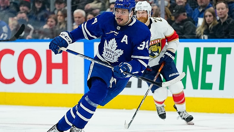 Mar 27, 2022; Toronto, Ontario, CAN; Toronto Maple Leafs forward Auston Matthews (34) skates against the Florida Panthers at Scotiabank Arena. Mandatory Credit: John E. Sokolowski-USA TODAY Sports