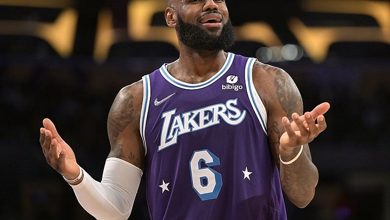 Apr 1, 2022; Los Angeles, California, USA; Los Angeles Lakers forward LeBron James (6) reacts after he was called for a foul in the second half against the New Orleans Pelicans at Crypto.com Arena. Mandatory Credit: Jayne Kamin-Oncea-USA TODAY Sports