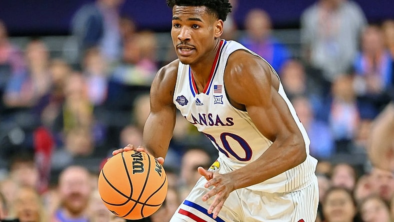 Apr 2, 2022; New Orleans, LA, USA; Kansas Jayhawks guard Ochai Agbaji (30) dribbles the ball against the Villanova Wildcats during the first half during the 2022 NCAA men's basketball tournament Final Four semifinals at Caesars Superdome. Mandatory Credit: Bob Donnan-USA TODAY Sports