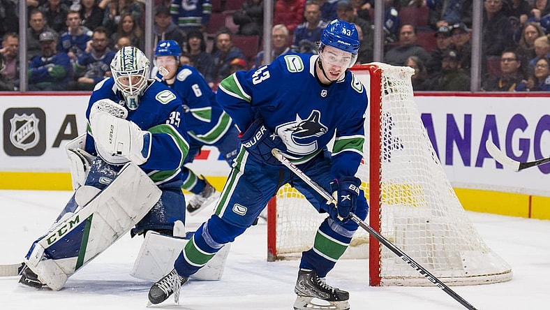 Apr 3, 2022; Vancouver, British Columbia, CAN; Vancouver Canucks goalie Thatcher Demko (35) looks on as defenseman Quinn Hughes (43)handles the puck against the Vegas Golden Knights in the third period at Rogers Arena. Vegas won 3-2 in overtime. Mandatory Credit: Bob Frid-USA TODAY Sports
