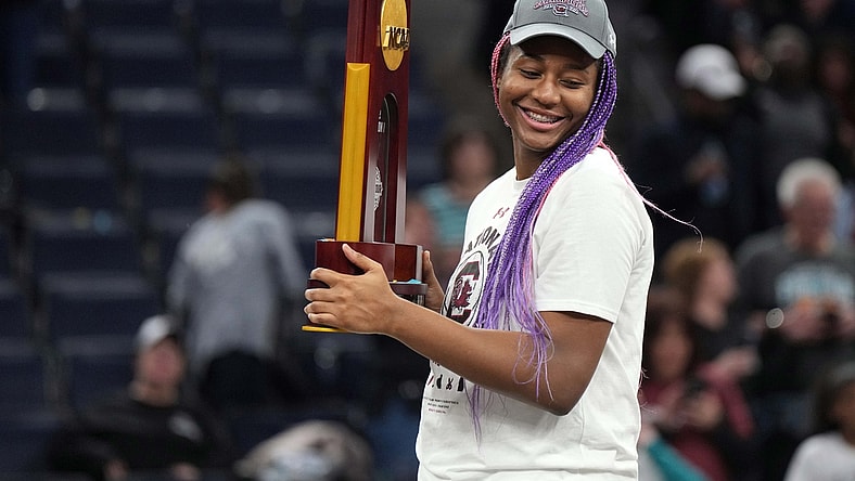 Apr 3, 2022; Minneapolis, MN, USA; South Carolina Gamecocks forward Aliyah Boston (4) celebrates the 64-49 victory over the UConn Huskies in the Final Four championship game of the women's college basketball NCAA Tournament at Target Center. Mandatory Credit: Kirby Lee-USA TODAY Sports