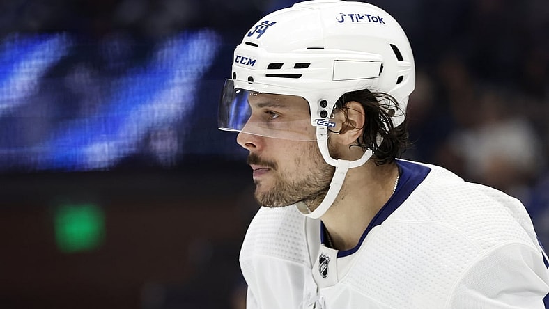 Apr 4, 2022; Tampa, Florida, USA; Toronto Maple Leafs center Auston Matthews (34) looks on against the Tampa Bay Lightning during the second period at Amalie Arena. Mandatory Credit: Kim Klement-USA TODAY Sports