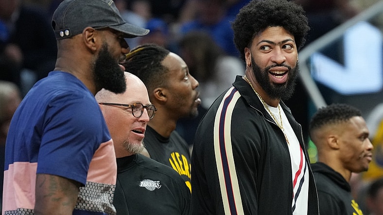 Apr 7, 2022; San Francisco, California, USA; Los Angeles Lakers forward Anthony Davis (right) talks to forward LeBron James (left) during the second quarter against the  Golden State Warriors at Chase Center. Mandatory Credit: Darren Yamashita-USA TODAY Sports