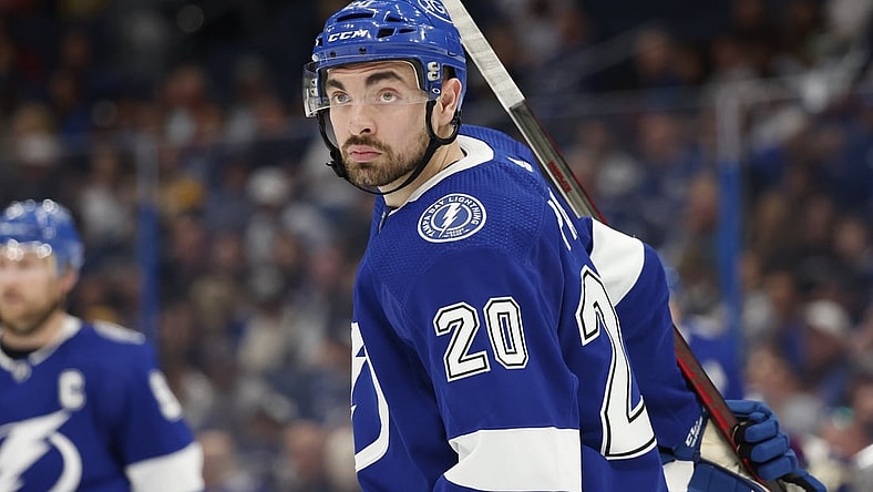 Apr 8, 2022; Tampa, Florida, USA;  Tampa Bay Lightning left wing Nicholas Paul (20) listens to a referee during the second period against the Boston Bruins at Amalie Arena. Mandatory Credit: Reinhold Matay-USA TODAY Sports