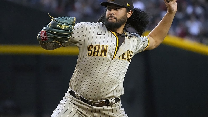 Apr 8, 2022; Phoenix, Arizona, USA; San Diego Padres starting pitcher Sean Manaea (55) throws against the Arizona Diamondbacks in the first inning at Chase Field. Mandatory Credit: Rick Scuteri-USA TODAY Sports