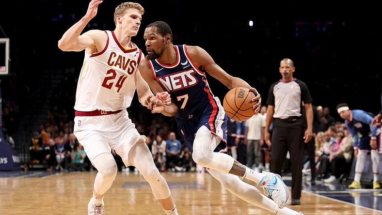 Apr 8, 2022; Brooklyn, New York, USA; Brooklyn Nets forward Kevin Durant (7) drives to the basket against Cleveland Cavaliers forward Lauri Markkanen (24) during the fourth quarter at Barclays Center. Mandatory Credit: Brad Penner-USA TODAY Sports
