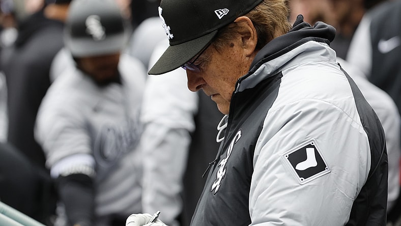 Apr 9, 2022; Detroit, Michigan, USA;  White Sox Manger Tony La Russa in the dugout in the first inning against the Detroit Tigers at Comerica Park. Mandatory Credit: Rick Osentoski-USA TODAY Sports