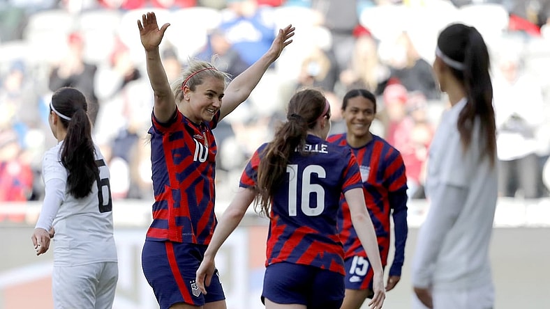 Apr 9, 2022; Columbus, Ohio, USA; United States midfielder Lindsey Horan (10) celebrates a goal with United States midfielder Rose Lavelle (16) during the first half of the friendly soccer match against Uzbekistan at Lower.com Field. Mandatory Credit: Joseph Maiorana-USA TODAY Sports