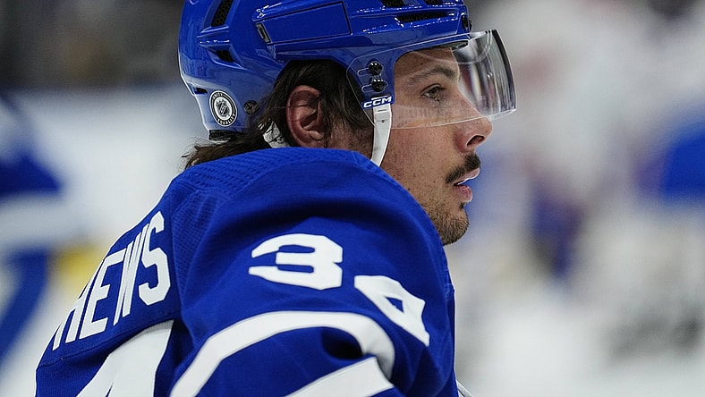 Apr 9, 2022; Toronto, Ontario, CAN; Toronto Maple Leafs forward Auston Matthews (34) looks on during warm up before a game against the Montreal Canadiens at Scotiabank Arena. Mandatory Credit: John E. Sokolowski-USA TODAY Sports