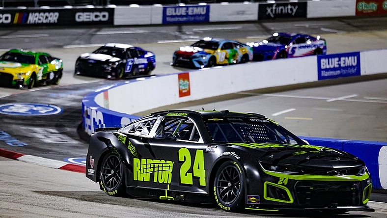 Apr 9, 2022; Martinsville, Virginia, USA; NASCAR Cup Series driver William Byron (24) races at the Blue-Emu Maximum Pain Relief 400 at Martinsville Speedway. Mandatory Credit: Ryan Hunt-USA TODAY Sports