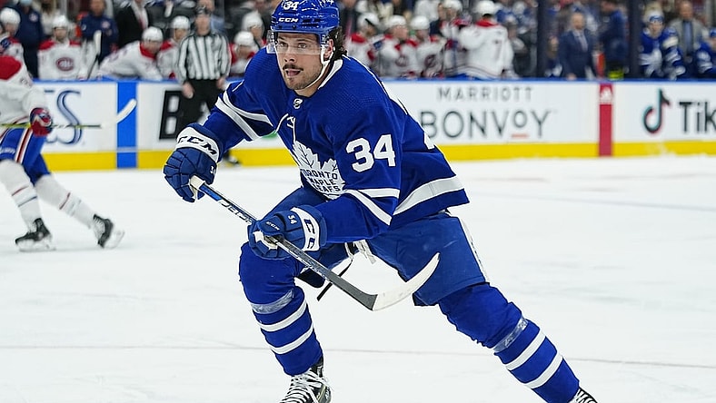 Apr 9, 2022; Toronto, Ontario, CAN; Toronto Maple Leafs forward Auston Matthews (34) skates against the Montreal Canadiens during the first period at Scotiabank Arena. Mandatory Credit: John E. Sokolowski-USA TODAY Sports