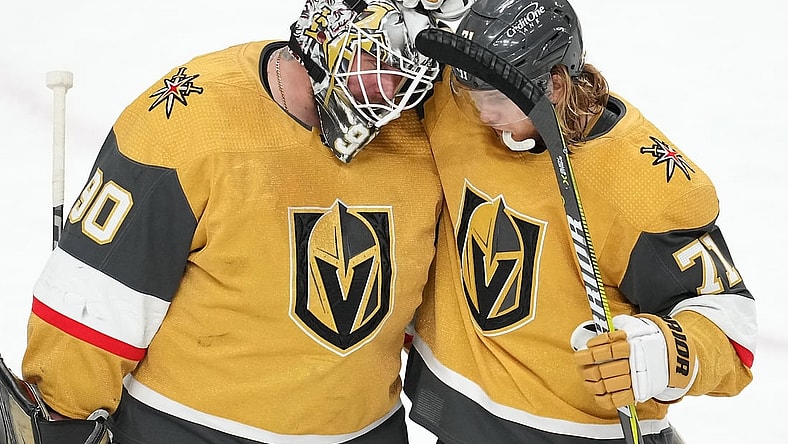 Apr 9, 2022; Las Vegas, Nevada, USA; Vegas Golden Knights center William Karlsson (71) congratulates goaltender Robin Lehner (90) after defeating the Arizona Coyotes at T-Mobile Arena. Mandatory Credit: Stephen R. Sylvanie-USA TODAY Sports