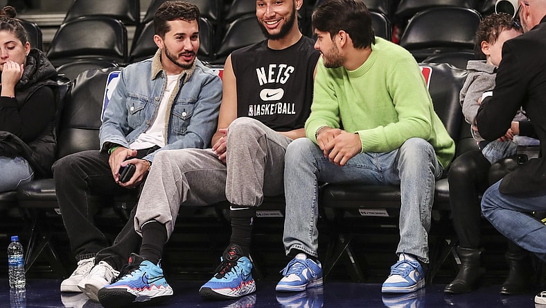 Apr 10, 2022; Brooklyn, New York, USA;  Brooklyn Nets guard Ben Simmons (10) talks with fans prior to the game against the Indiana Pacers at Barclays Center. Mandatory Credit: Wendell Cruz-USA TODAY Sports