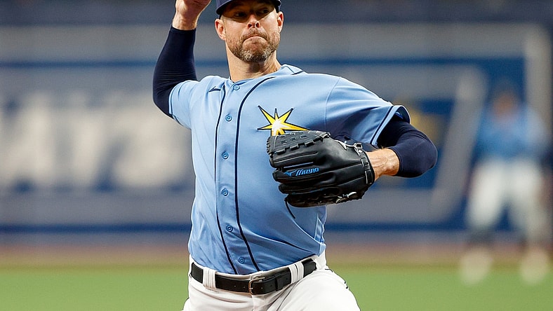 Apr 10, 2022; St. Petersburg, Florida, USA;  Tampa Bay Rays starting pitcher Corey Kluber (28) throws a pitch against the Baltimore Orioles in the second inning at Tropicana Field. Mandatory Credit: Nathan Ray Seebeck-USA TODAY Sports