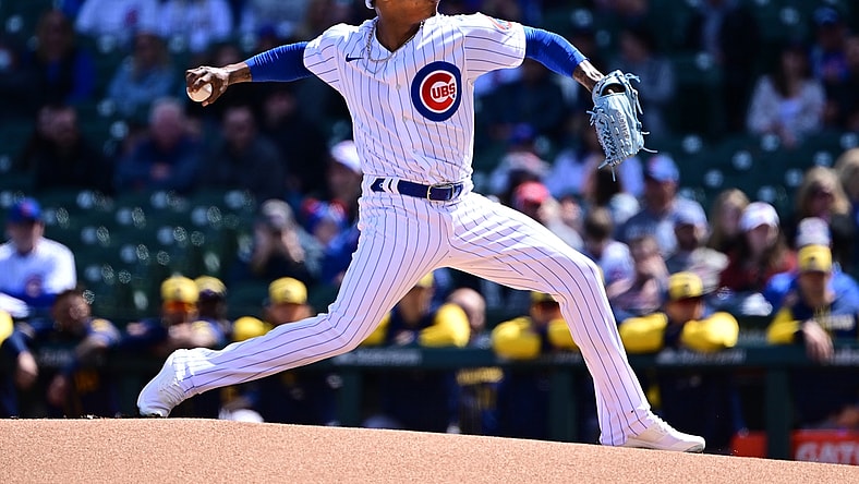 Apr 10, 2022; Chicago, Illinois, USA; Chicago Cubs starting pitcher Marcus Stroman (0) delivers the baseball in the first inning against the Milwaukee Brewers at Wrigley Field. Mandatory Credit: Quinn Harris-USA TODAY Sports